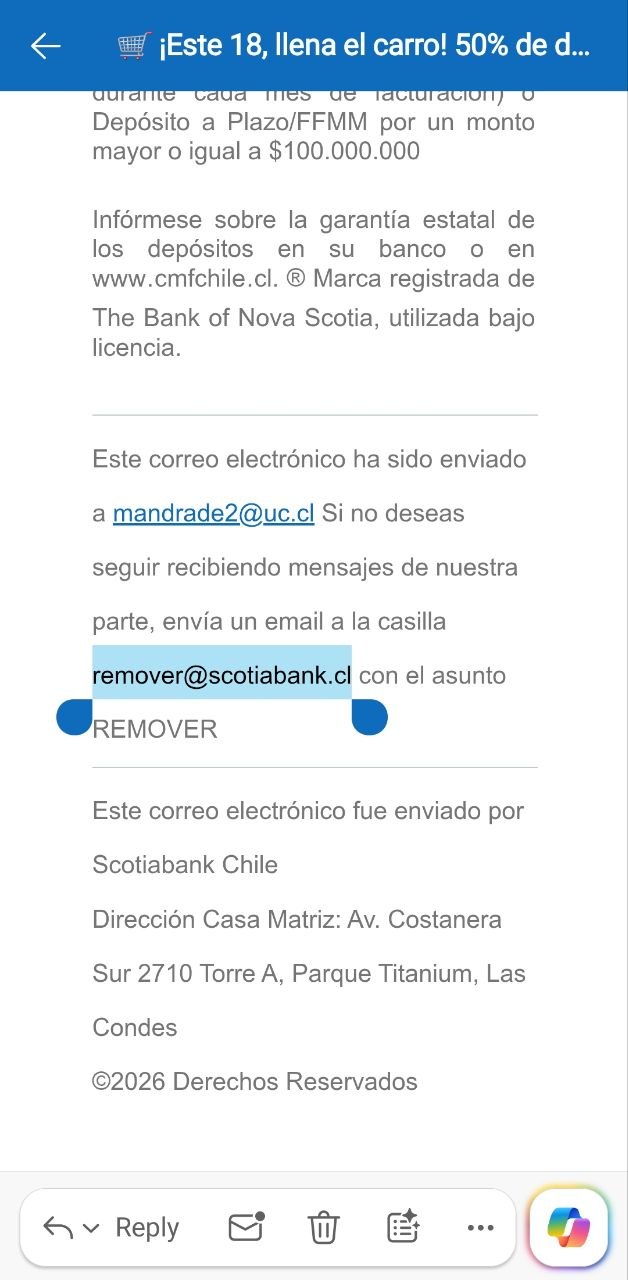A Scotiabank Chile marketing email in Outlook instructing the recipient to send an email with the subject REMOVER to remover@scotiabank.cl to stop receiving messages.