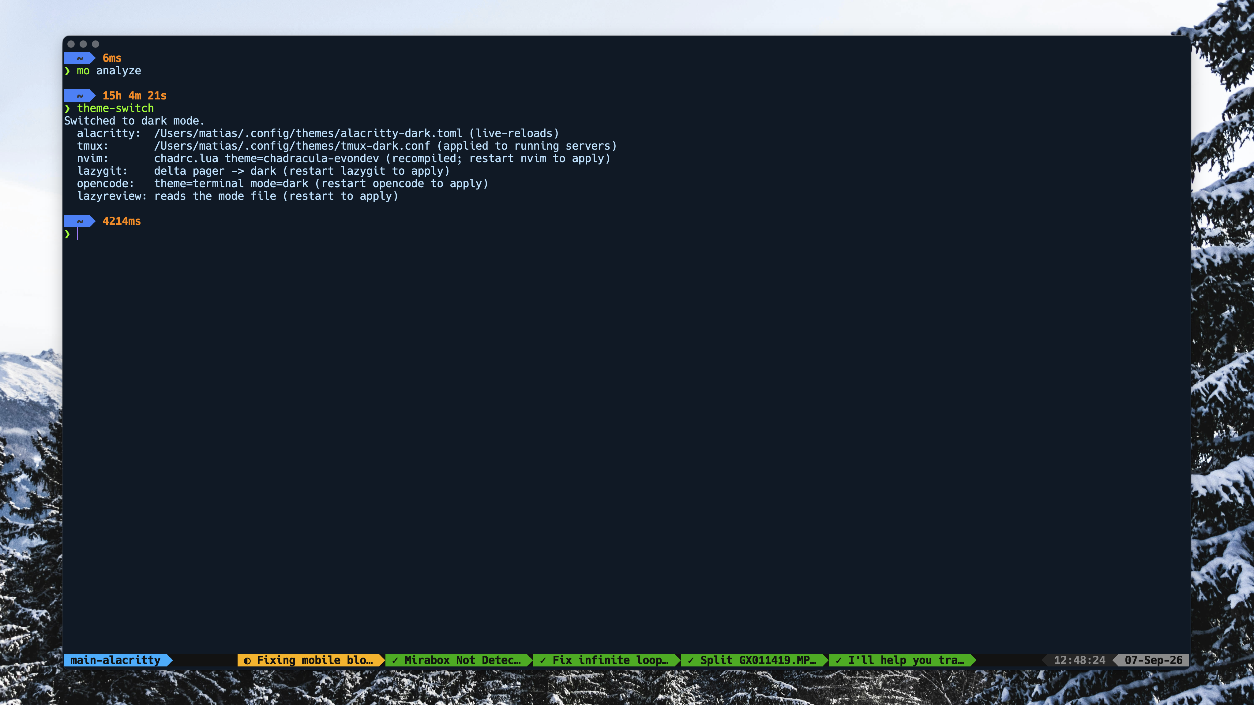 A desktop screenshot showing a dark terminal over a snowy mountain wallpaper, with a color-coded tmux status bar tracking OpenCode sessions.